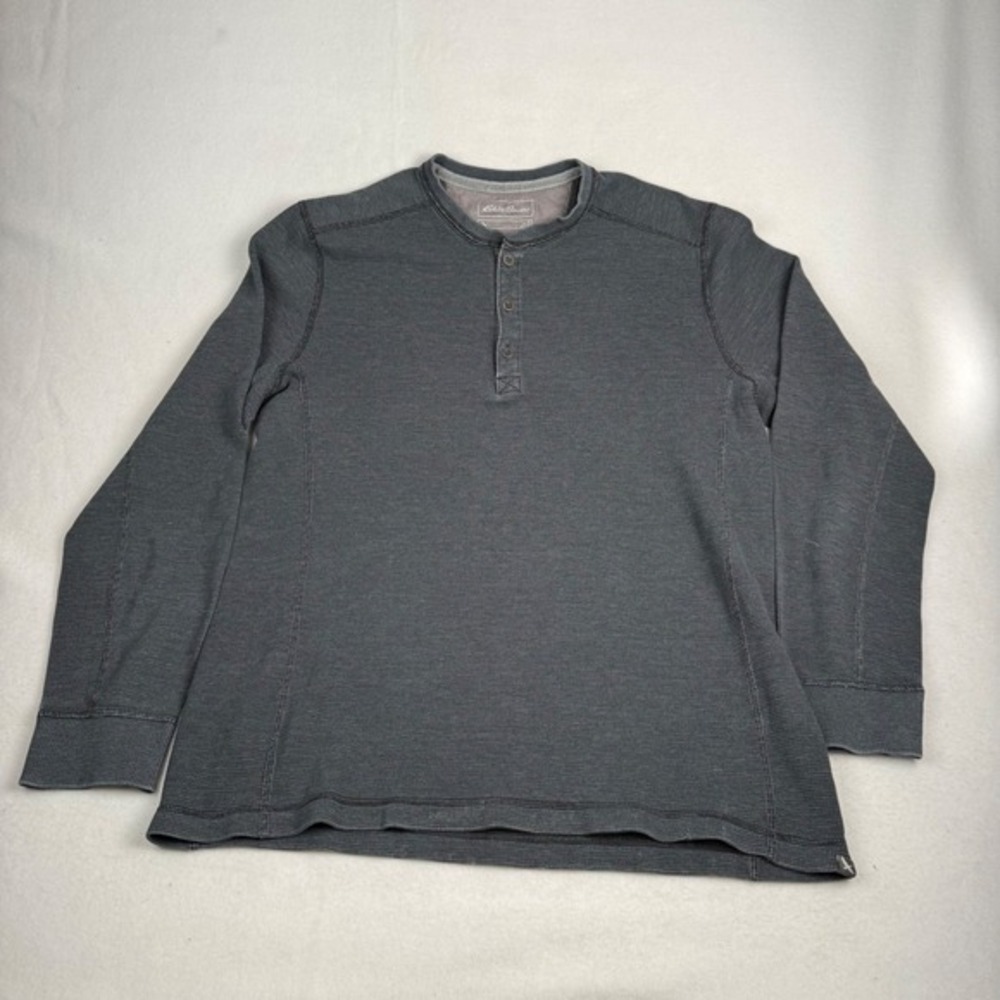Eddie Bauer Mens Tall XL Charcoal Gray Waffle Knit Long Sleeve Henley Shirt